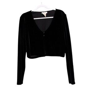 Vintage 90s Cropped Cardigan Sweater Size Large Black Velvet Witchy Goth Grunge